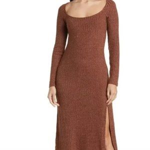 ASTR the Label Hi-Slit ribbed brown stretch knit Midi Dress, Size XL